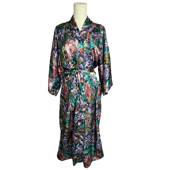 Vintage Other - Vintage Floral Satin Robe Long Kimono Large Maximalist Lounge Regency